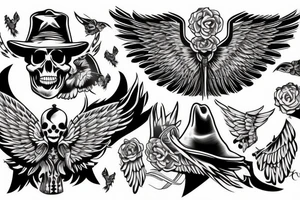 Skull with hat forearm sleeve with wings tattoo idea