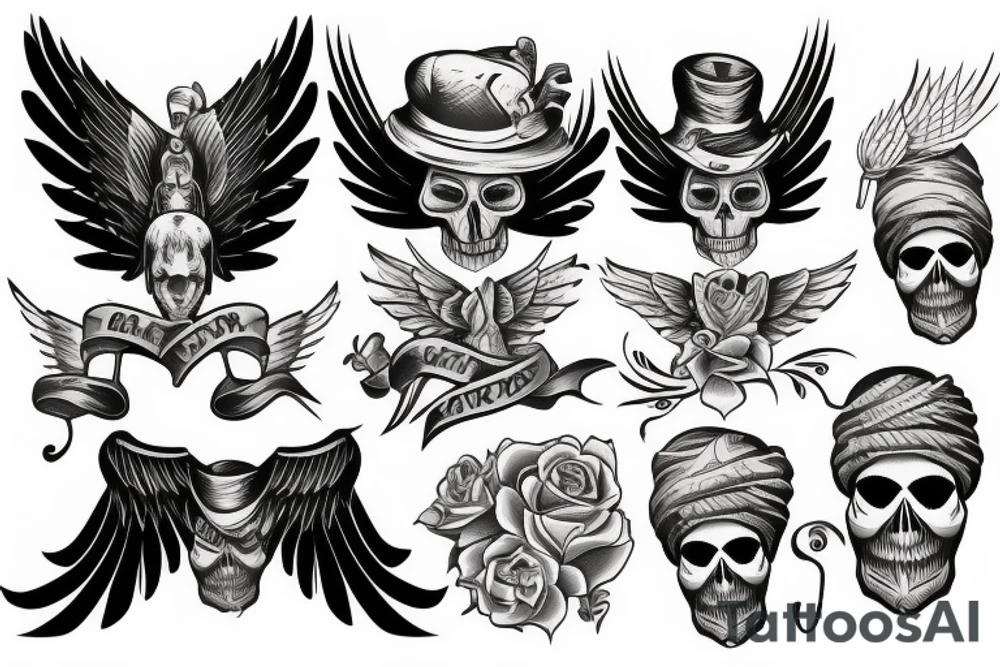 Skull with hat forearm sleeve with wings tattoo idea
