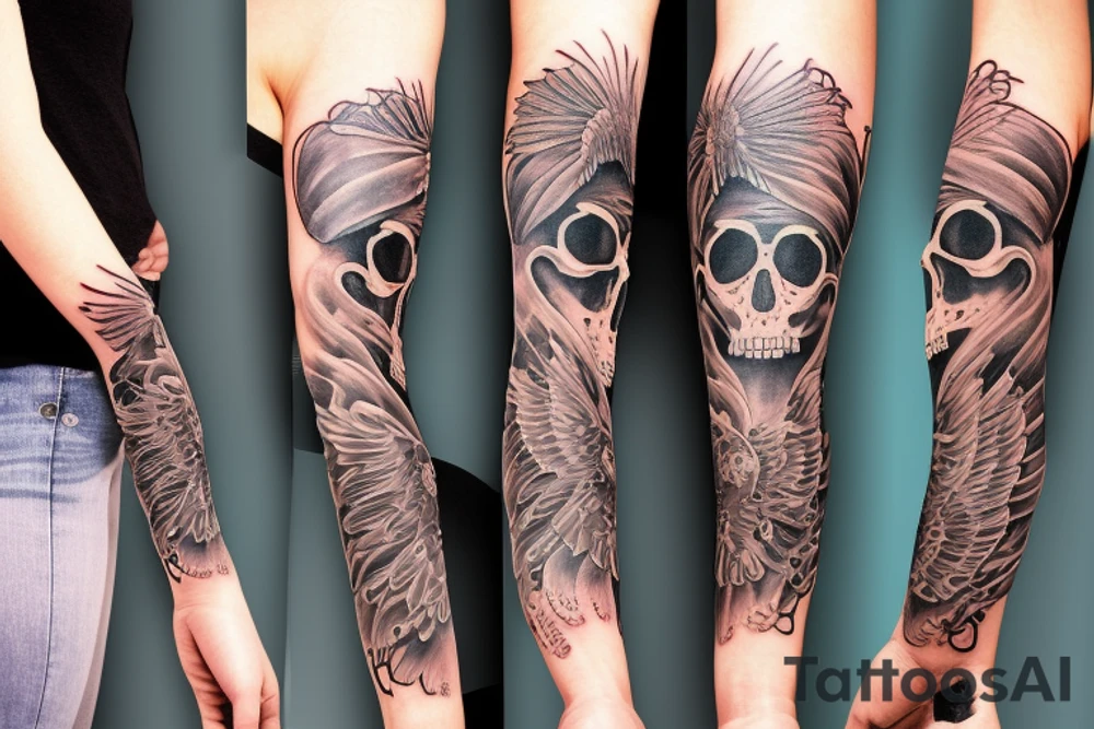Skull with hat forearm sleeve with wings tattoo idea