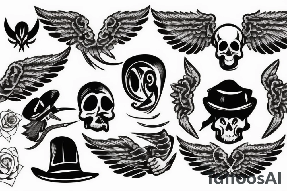 Skull with hat forearm sleeve with wings tattoo idea