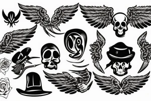Skull with hat forearm sleeve with wings tattoo idea