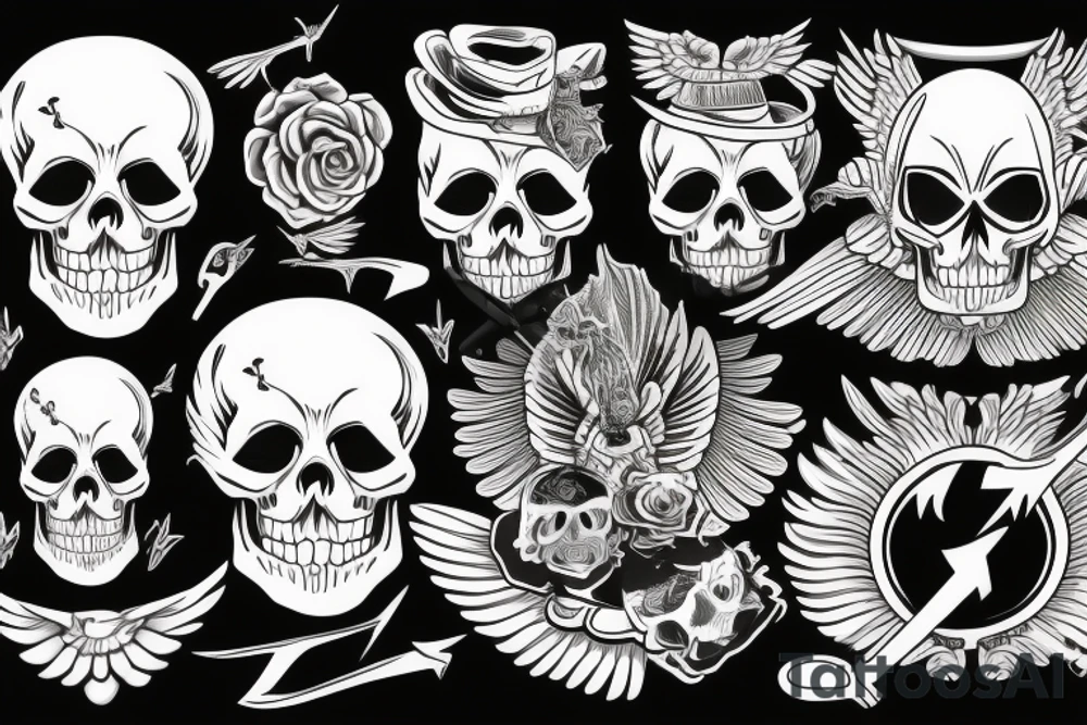 Skull with hat forearm sleeve with wings tattoo idea