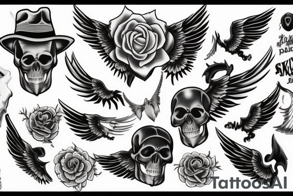 Skull with hat forearm sleeve with wings tattoo idea