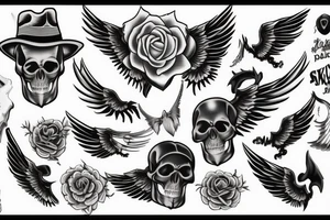 Skull with hat forearm sleeve with wings tattoo idea