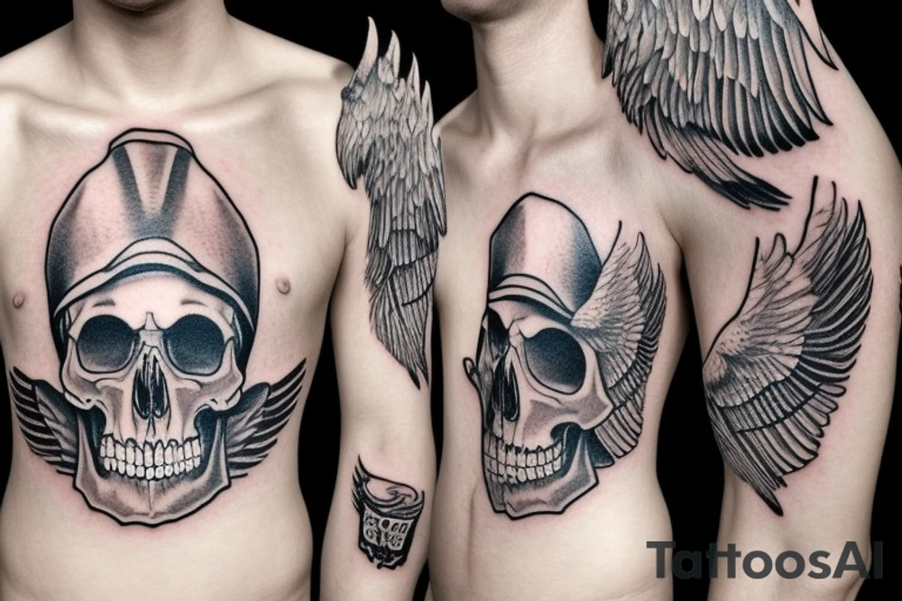 Skull with hat and moustache forearm sleeve with wings tattoo idea