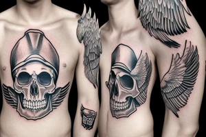 Skull with hat and moustache forearm sleeve with wings tattoo idea