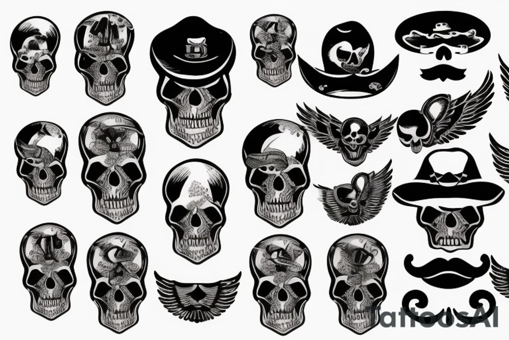 Skull with hat and moustache forearm sleeve with wings tattoo idea