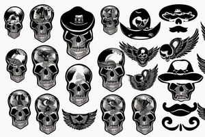 Skull with hat and moustache forearm sleeve with wings tattoo idea
