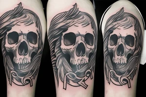 Skull with hat and moustache forearm sleeve with wings tattoo idea