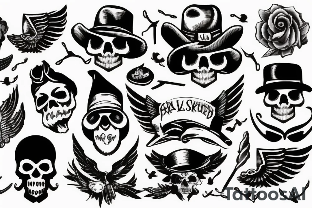 Skull with hat and moustache forearm sleeve with wings tattoo idea