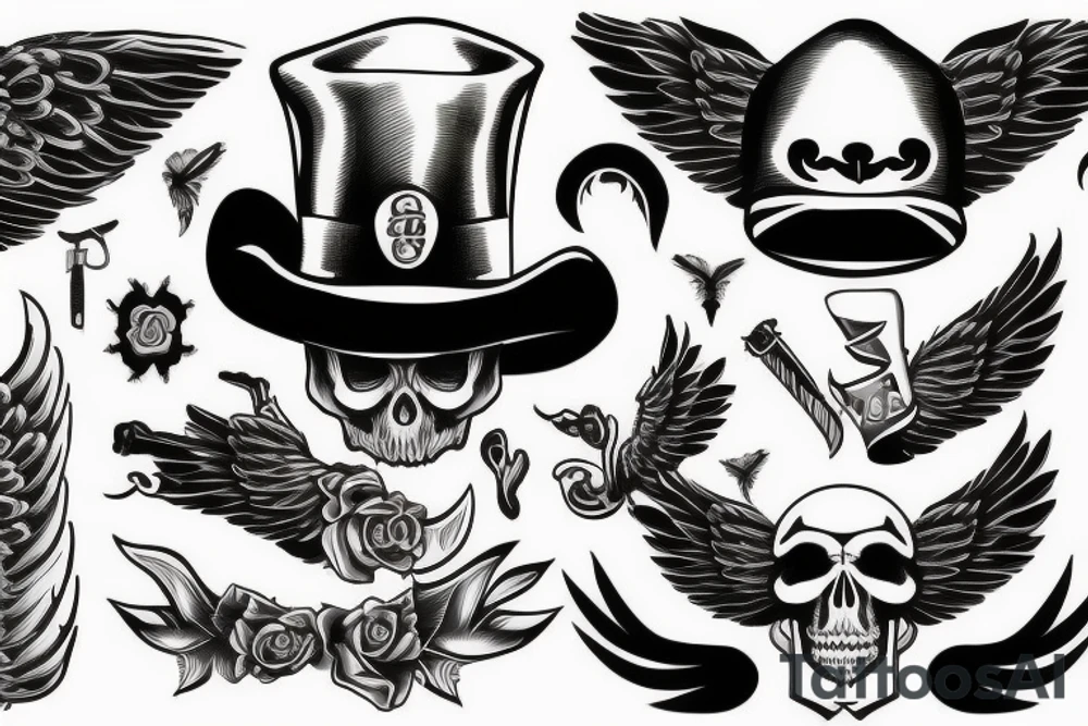 Skull with hat and moustache forearm sleeve with wings tattoo idea
