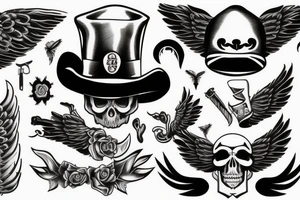 Skull with hat and moustache forearm sleeve with wings tattoo idea