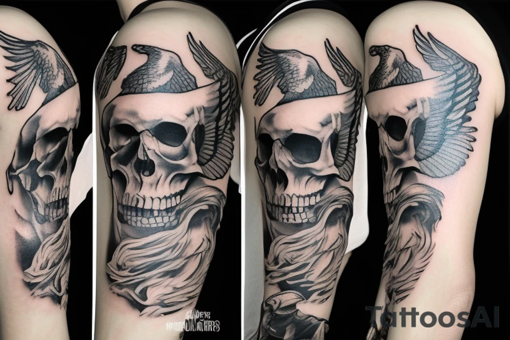 Skull with hat and moustache forearm sleeve with wings tattoo idea