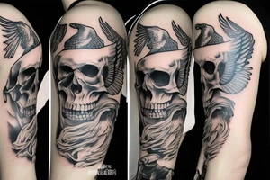 Skull with hat and moustache forearm sleeve with wings tattoo idea