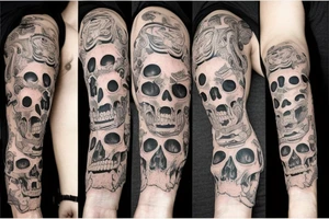 Skull with hat and moustache forearm sleeve tattoo idea