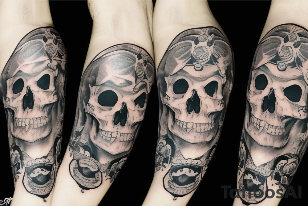 Skull with hat and moustache forearm sleeve tattoo idea