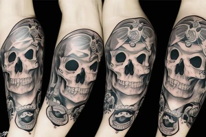 Skull with hat and moustache forearm sleeve tattoo idea