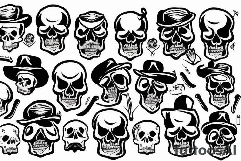 Skull with hat and moustache forearm sleeve tattoo idea