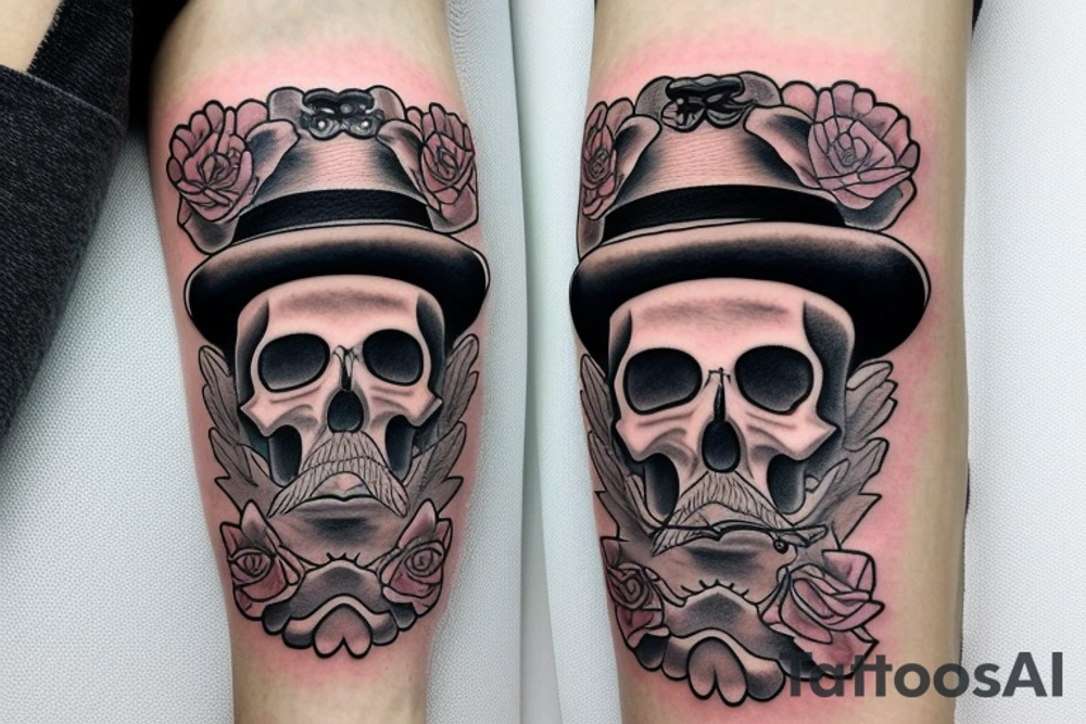 Skull with hat and moustache forearm sleeve tattoo idea