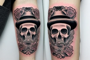 Skull with hat and moustache forearm sleeve tattoo idea