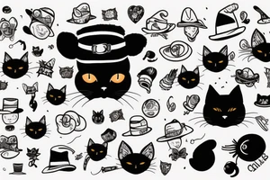 black cat with a funny hat and a sweater tattoo idea