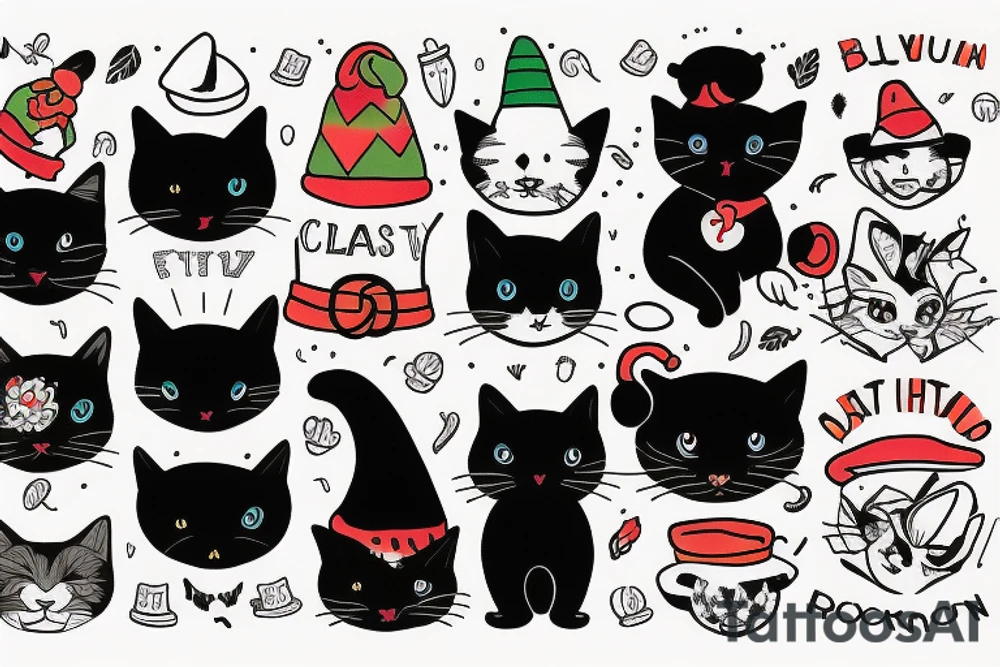 black cat with a funny hat and a sweater tattoo idea