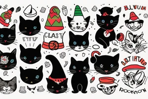 black cat with a funny hat and a sweater tattoo idea