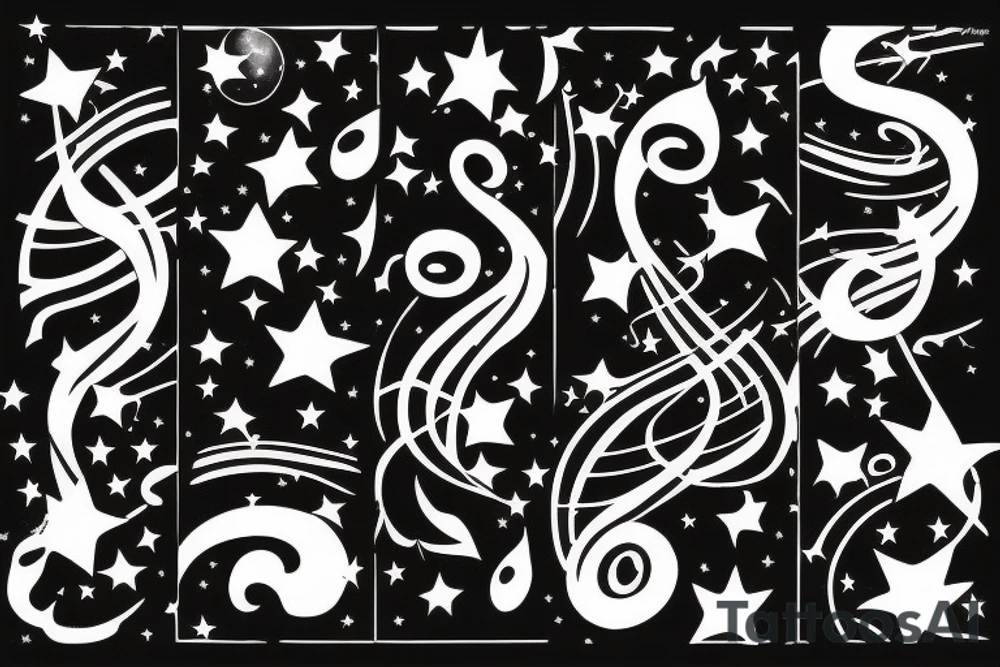 Lines of musical notes exiting a window of a building, transforming into stars sitting between supernovas and galaxies in a night sky tattoo idea