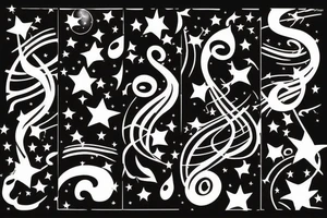 Lines of musical notes exiting a window of a building, transforming into stars sitting between supernovas and galaxies in a night sky tattoo idea
