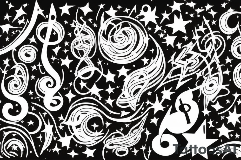 Lines of musical notes exiting a window of a building, transforming into stars sitting between supernovas and galaxies in a night sky tattoo idea