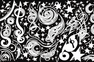 Lines of musical notes exiting a window of a building, transforming into stars sitting between supernovas and galaxies in a night sky tattoo idea