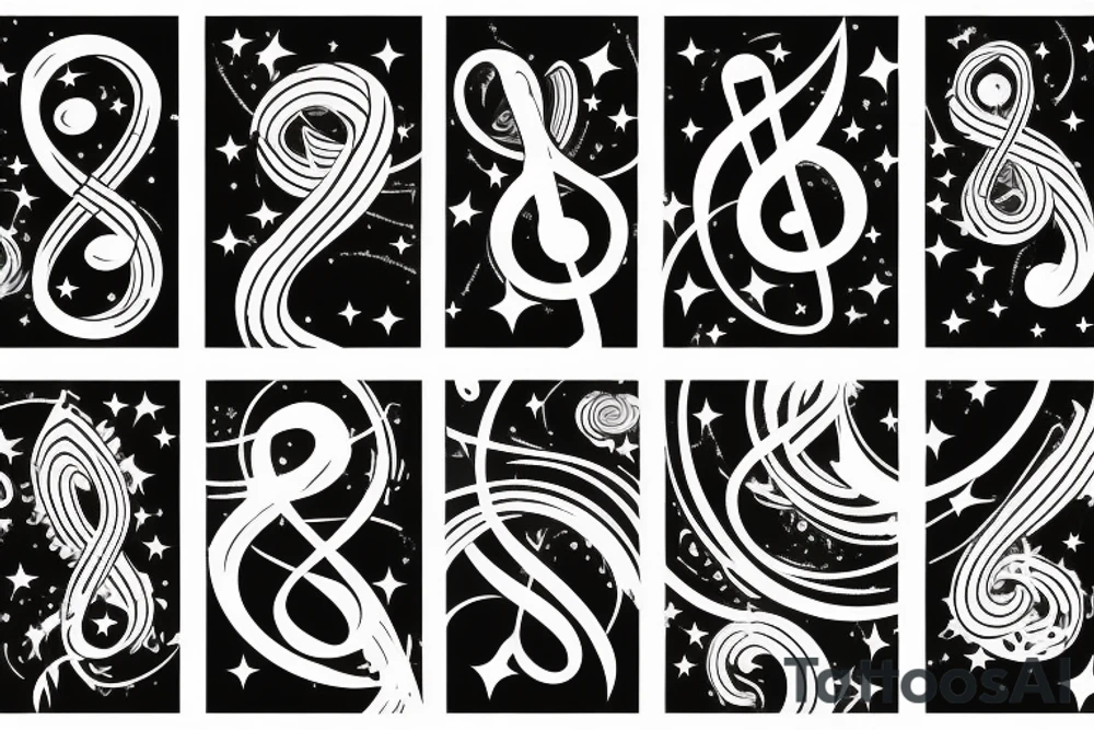 Lines of musical notes exiting a window of a building, transforming into stars sitting between supernovas and galaxies in a night sky tattoo idea