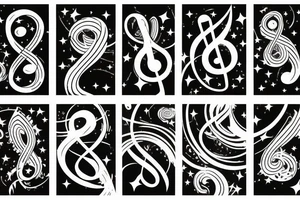 Lines of musical notes exiting a window of a building, transforming into stars sitting between supernovas and galaxies in a night sky tattoo idea