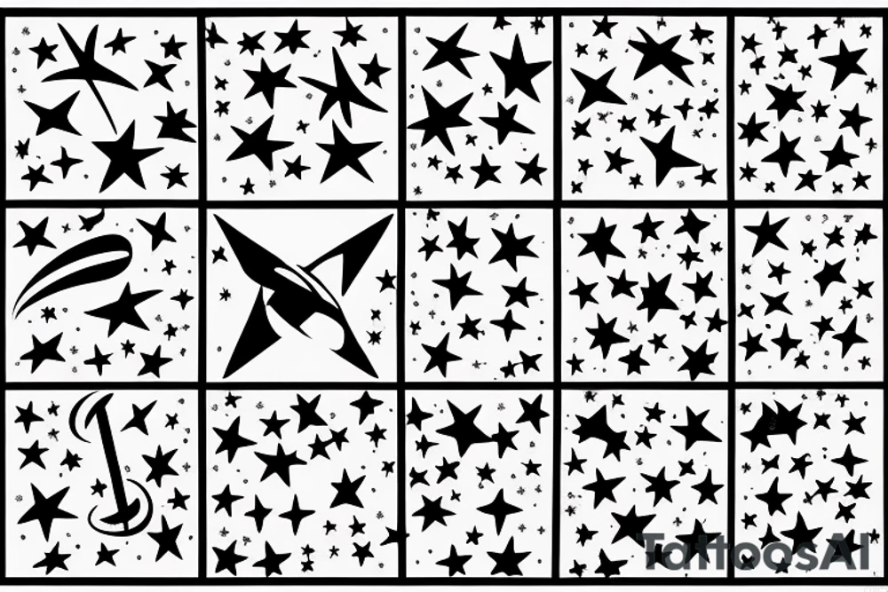Lines of musical notes exiting a window of a building, transforming into stars sitting between supernovas and galaxies in a night sky tattoo idea