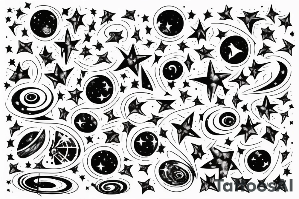 Lines of musical notes exiting a window of a building, transforming into stars sitting between supernovas and galaxies in a night sky tattoo idea
