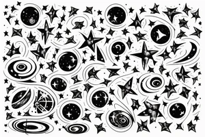 Lines of musical notes exiting a window of a building, transforming into stars sitting between supernovas and galaxies in a night sky tattoo idea