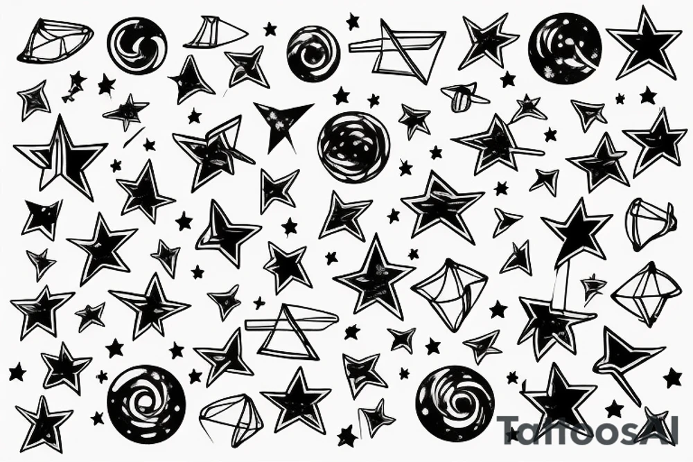 Lines of musical notes exiting a window of a building, transforming into stars sitting between supernovas and galaxies in a night sky tattoo idea