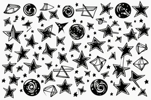 Lines of musical notes exiting a window of a building, transforming into stars sitting between supernovas and galaxies in a night sky tattoo idea