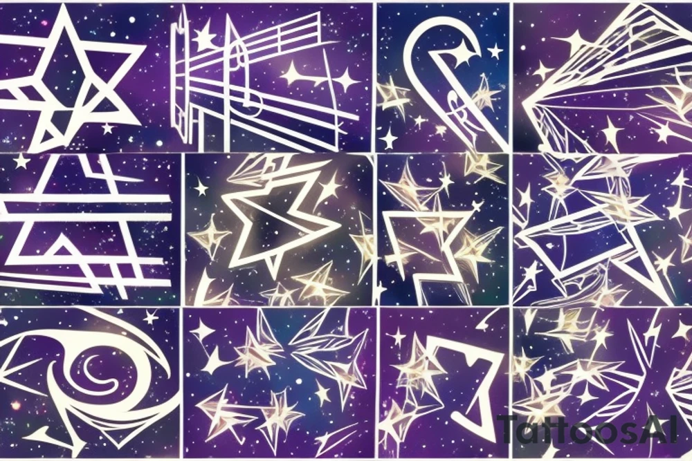 Lines of musical notes exiting a window of a building, transforming into stars sitting between supernovas and galaxies in a night sky tattoo idea