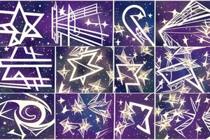 Lines of musical notes exiting a window of a building, transforming into stars sitting between supernovas and galaxies in a night sky tattoo idea