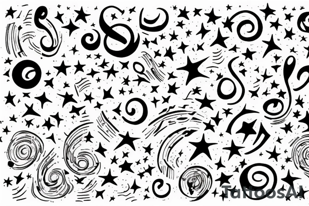 Lines of musical notes exiting a window of a building, transforming into stars sitting between supernovas and galaxies in a night sky tattoo idea