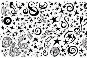 Lines of musical notes exiting a window of a building, transforming into stars sitting between supernovas and galaxies in a night sky tattoo idea