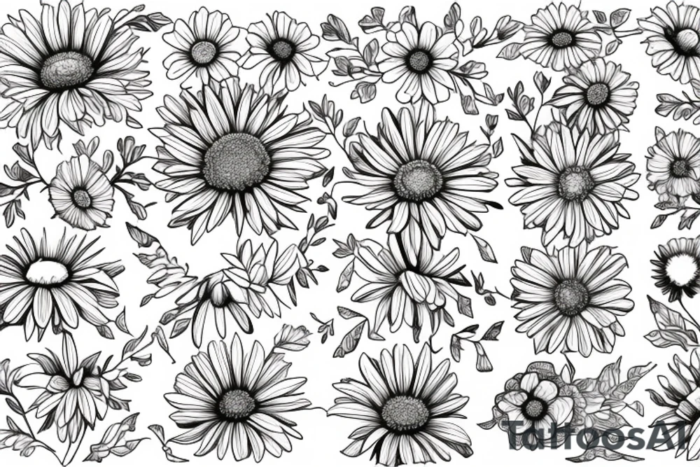 Birth month flower bouquet with two asters, one daffodil and one daisy with symbols of motherhood tattoo idea