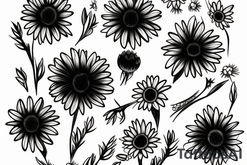 Birth month flower bouquet with two asters, one daffodil and one daisy with symbols of motherhood tattoo idea