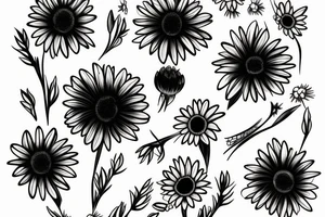 Birth month flower bouquet with two asters, one daffodil and one daisy with symbols of motherhood tattoo idea