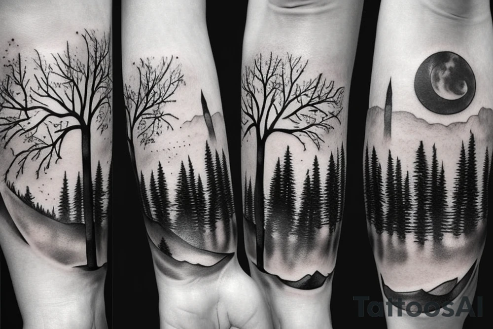 wolves, trees, mountains tattoo idea