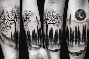 wolves, trees, mountains tattoo idea