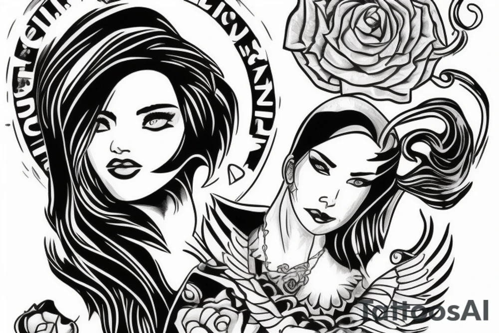 a strong woman that gives out powerful fire and aura wearing a traveler necklace tattoo idea