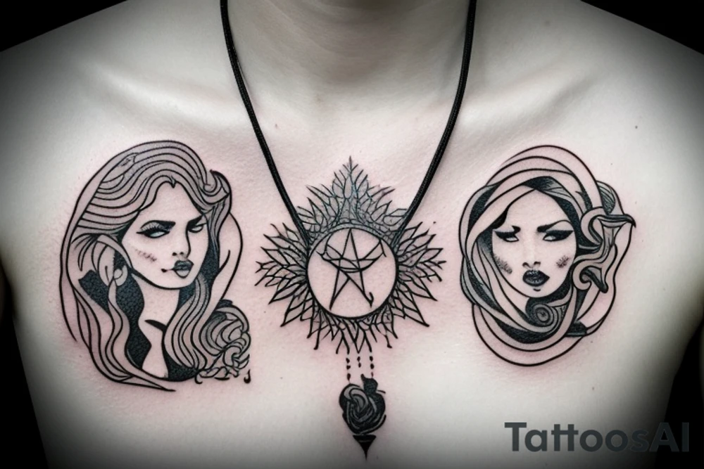 a strong woman that gives out powerful fire and aura wearing a traveler necklace tattoo idea