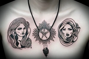 a strong woman that gives out powerful fire and aura wearing a traveler necklace tattoo idea